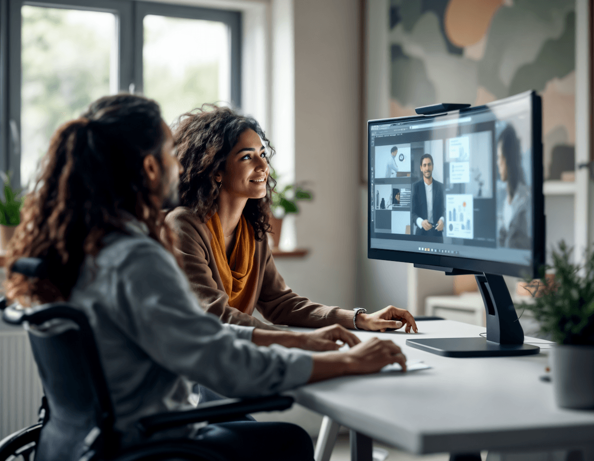 Two remote SaaS team members working together on a shared screen, improving collaboration with digital tools.