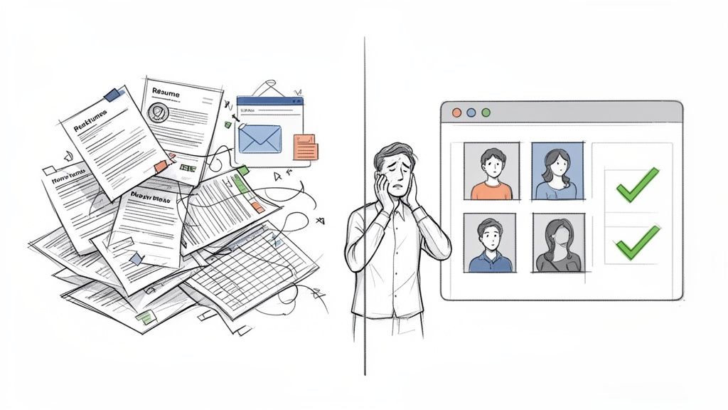 Illustration of a stressed man comparing messy paper recruitment with an organized digital hiring platform.