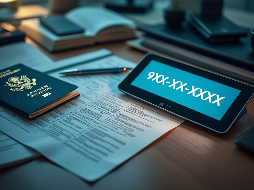 Desk with passport, documents, and digital device showing "9XX-XX-XXXX."