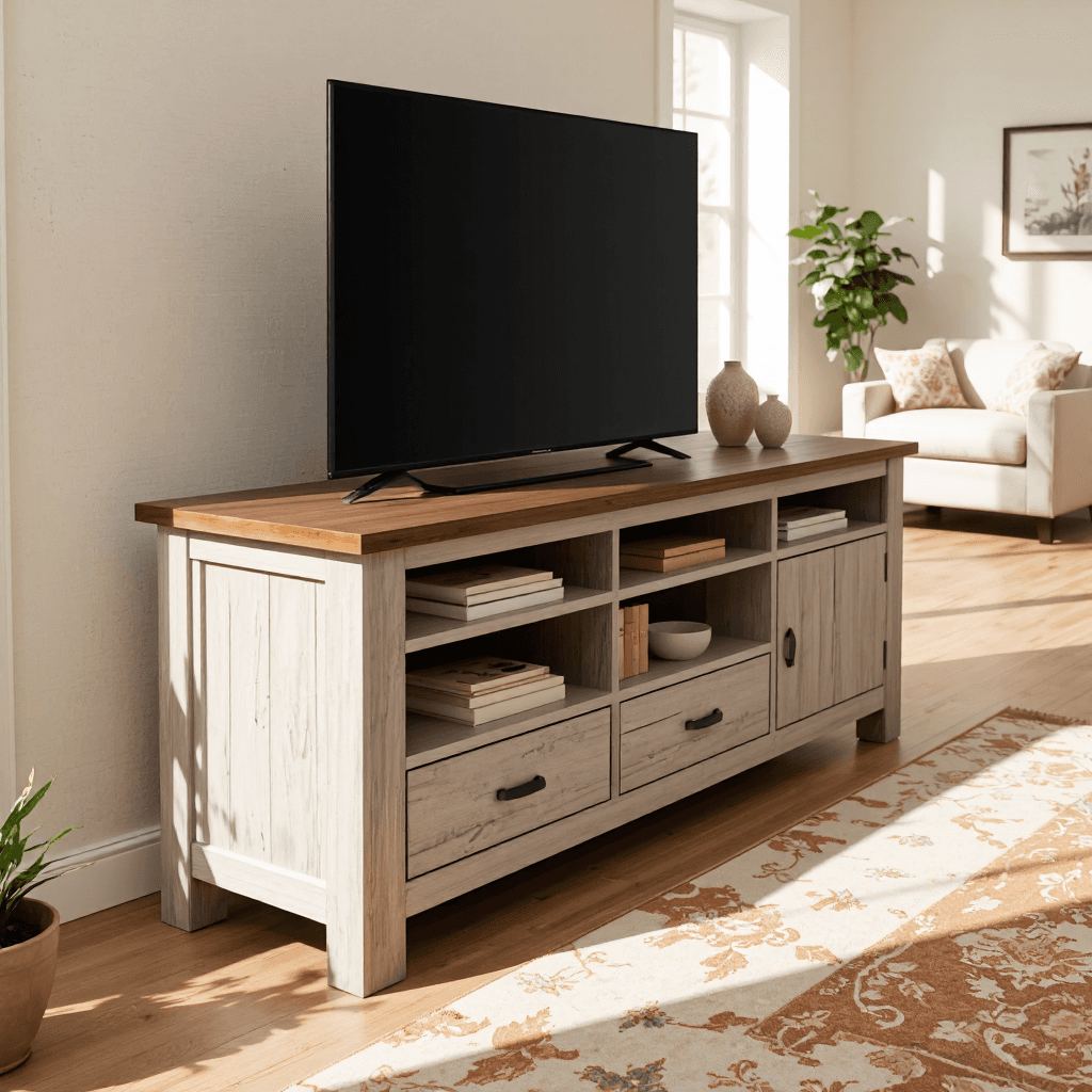 product photography of a wooden TV stand with storage compartments