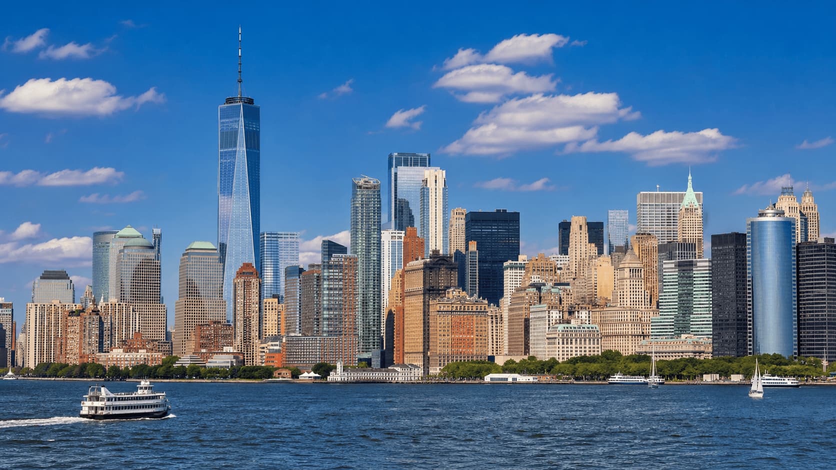 New York City skyline with skyscrapers and waterfront view