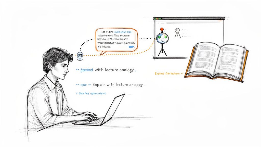 A sketch depicts a student using a laptop, interacting with AI for learning, alongside an open book.