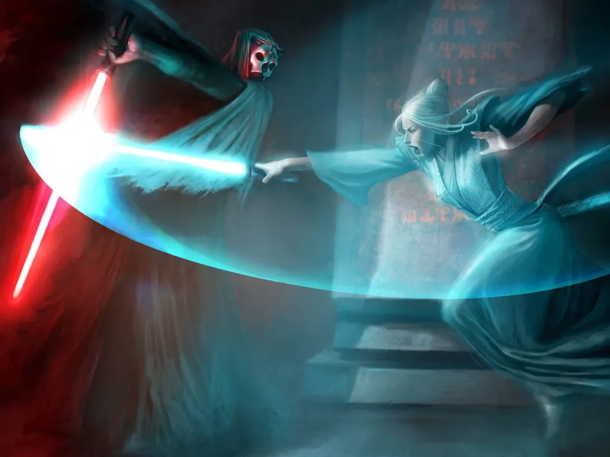 Darth Nihilus engages in a lightsaber duel, his single-handed stance revealing his reliance on the dark side rather than pure combat skill.