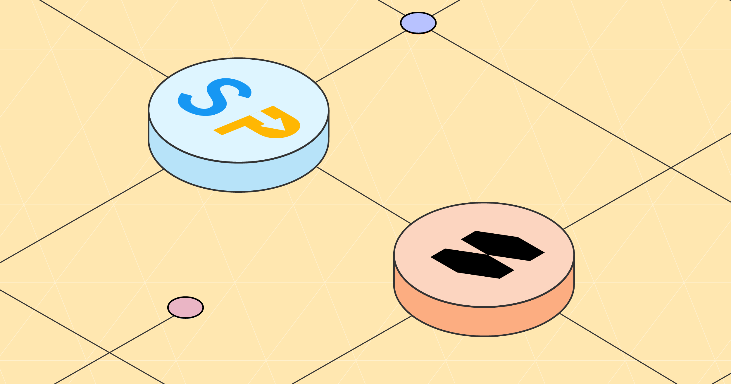 Isometric Surpass and Soapbox logo badges connected by lines on a yellow grid, representing a platform integration.