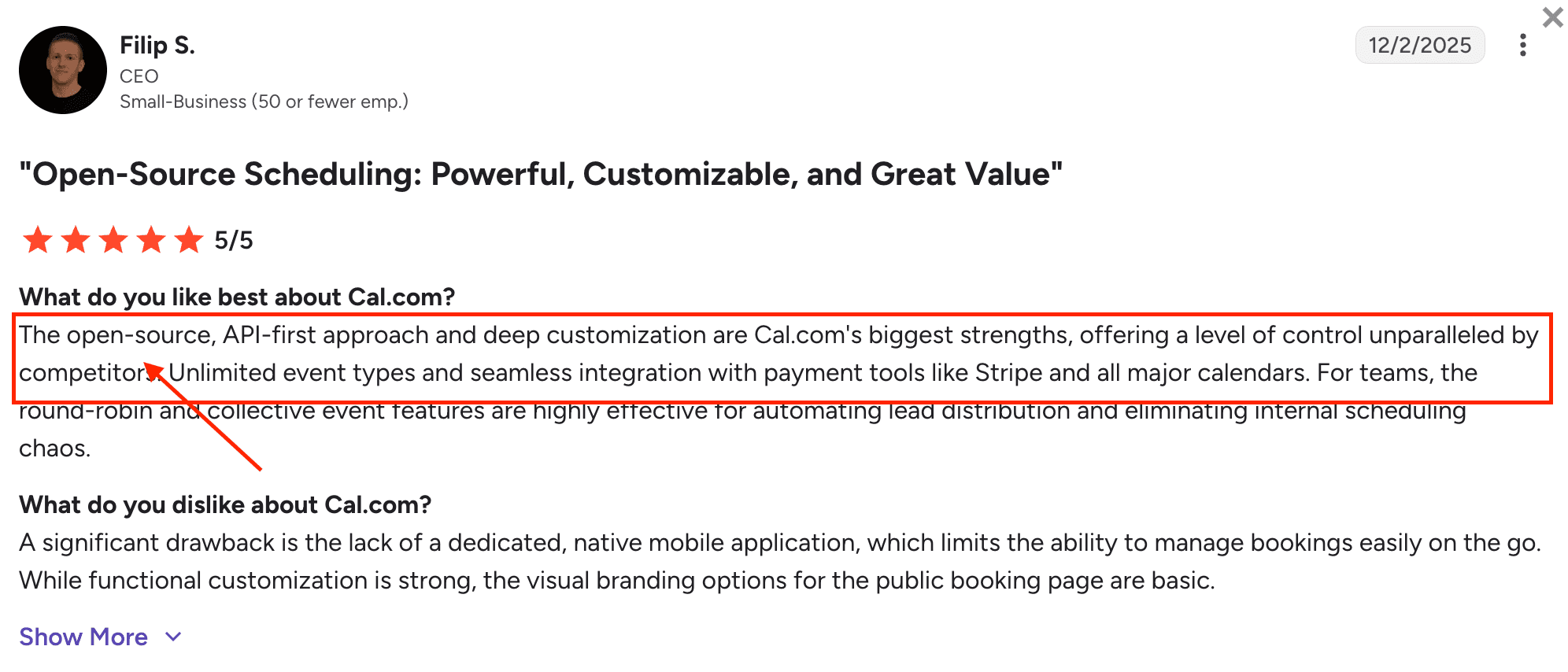 G2 review mentioning Cal.com open source scheduling platform