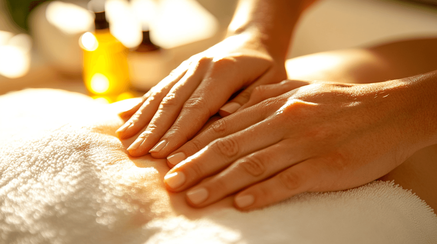 A close-up of hands performing a soothing massage on a client’s back, with warm golden light illuminating the skin. The scene evokes relaxation and well-being.