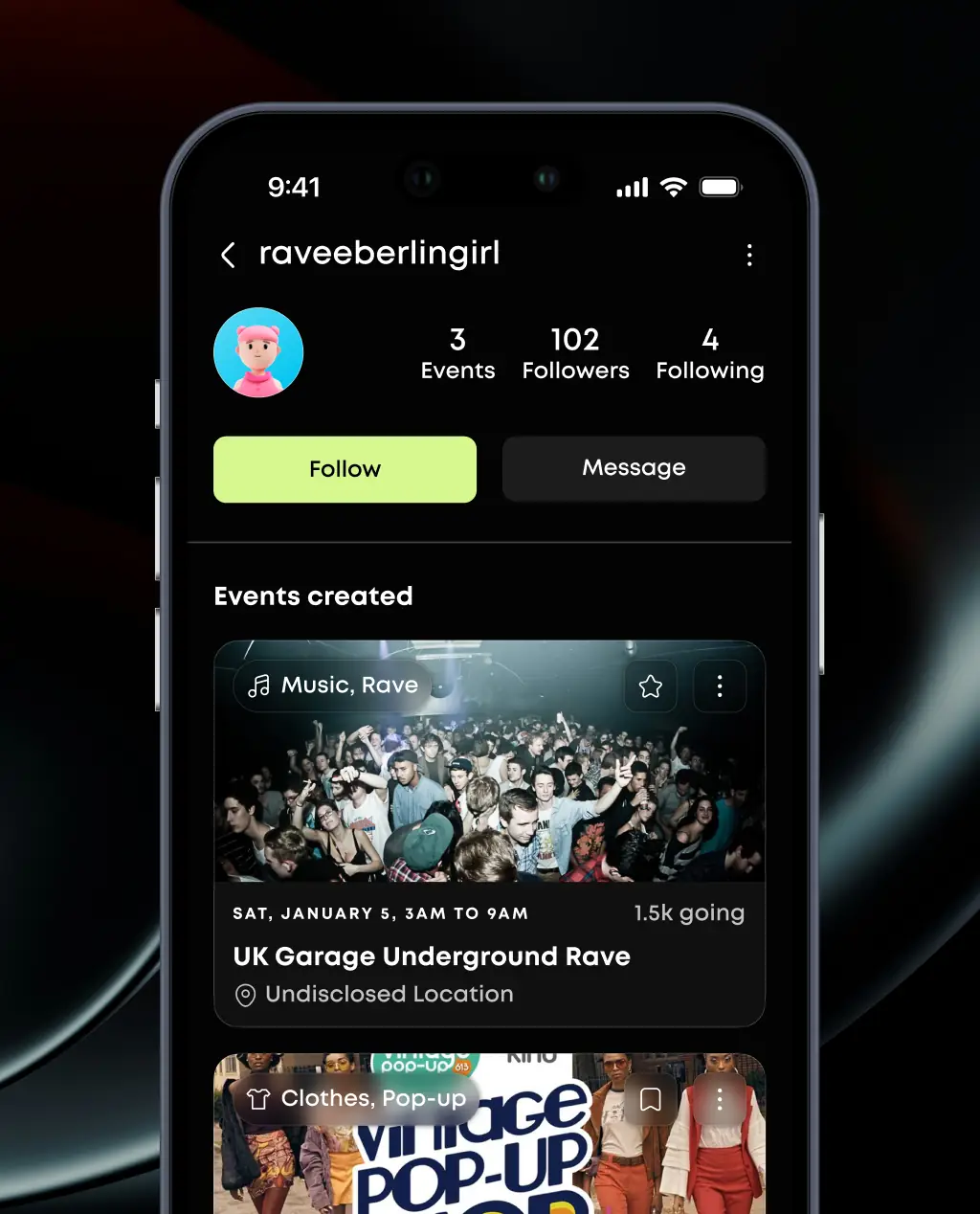 Mobile UI mockup showing another user's profile, with socials features like following them or messaging them.