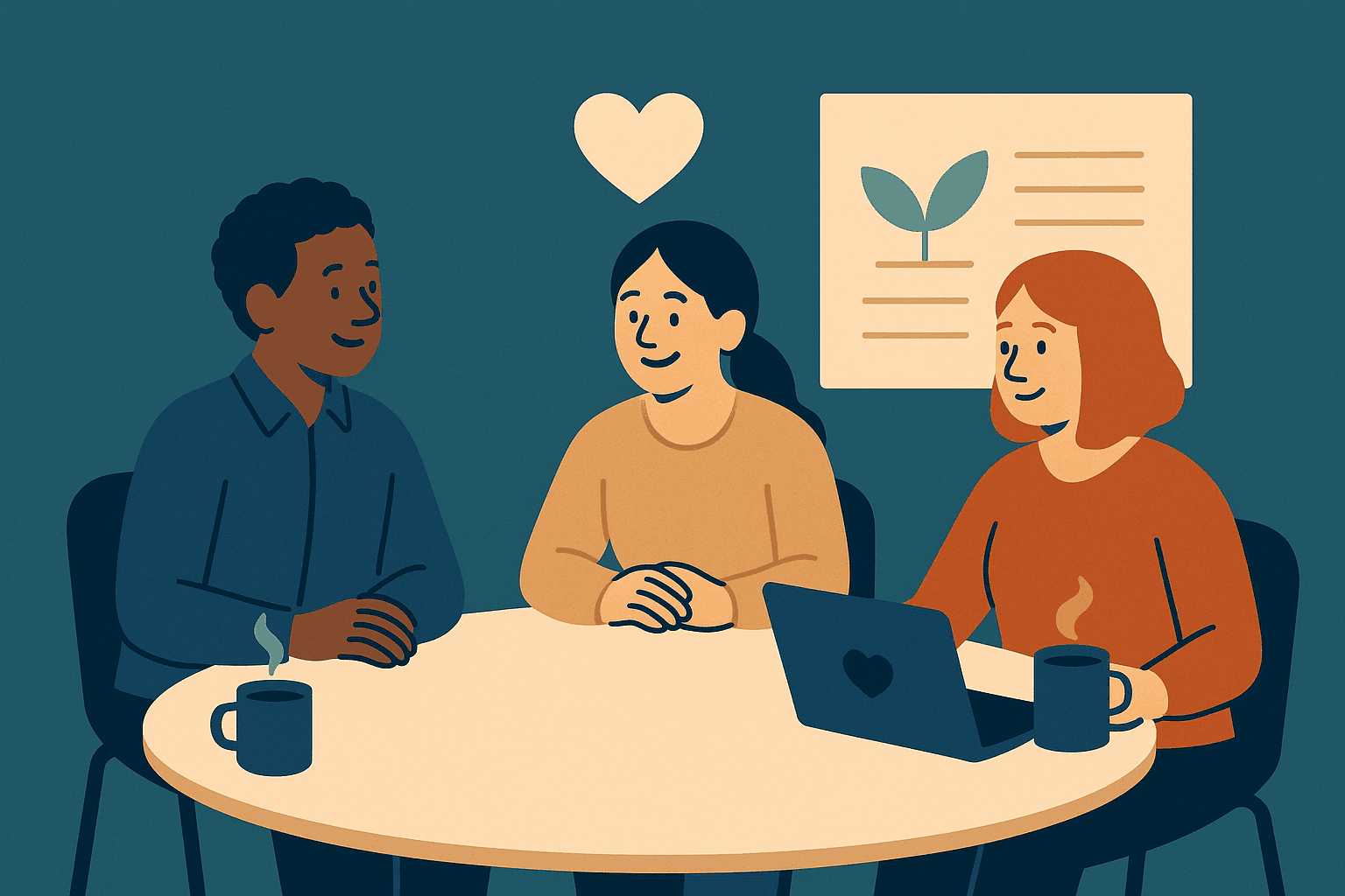 Illustration of nonprofit staff in a supportive team meeting, symbolizing workplace wellbeing and collaboration.