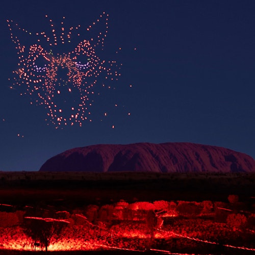 A night scene with a formation of lights in the shape of a fox's face above a landscape with red-lit foliage and a large hill.