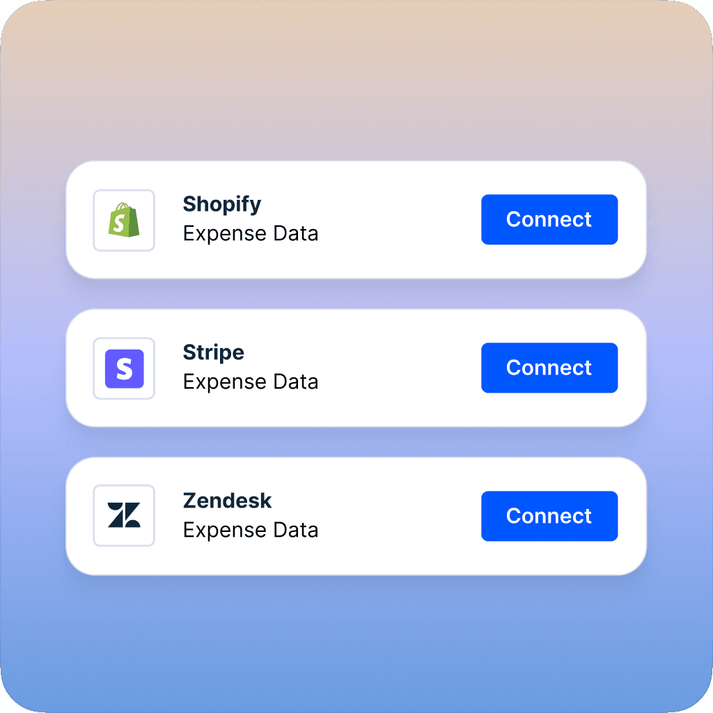 Integration options for expense data, showing connect buttons for Shopify, Stripe, and Zendesk.