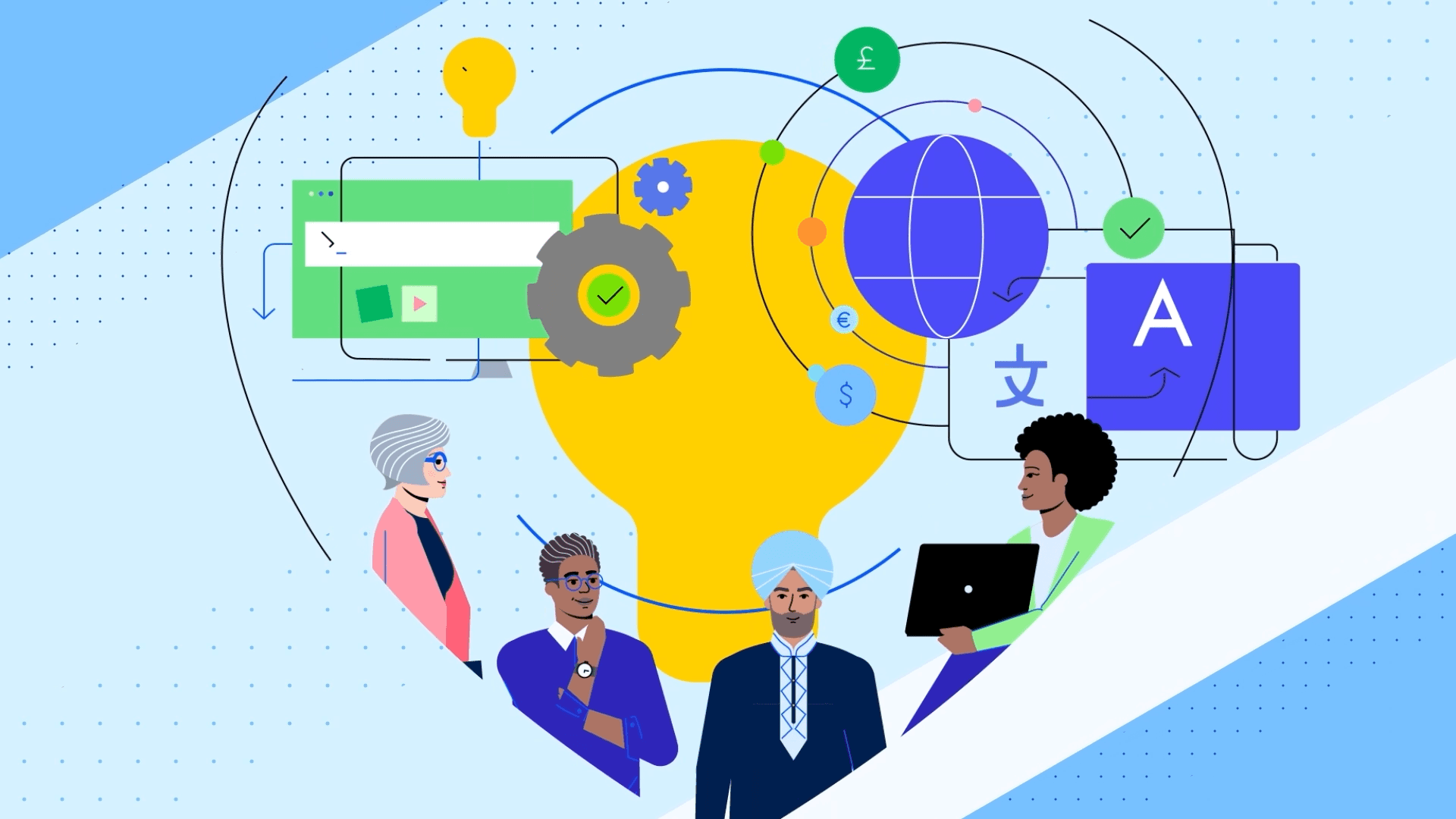 Colorful motion graphic of diverse team with global icons and a lightbulb representing innovation and connection