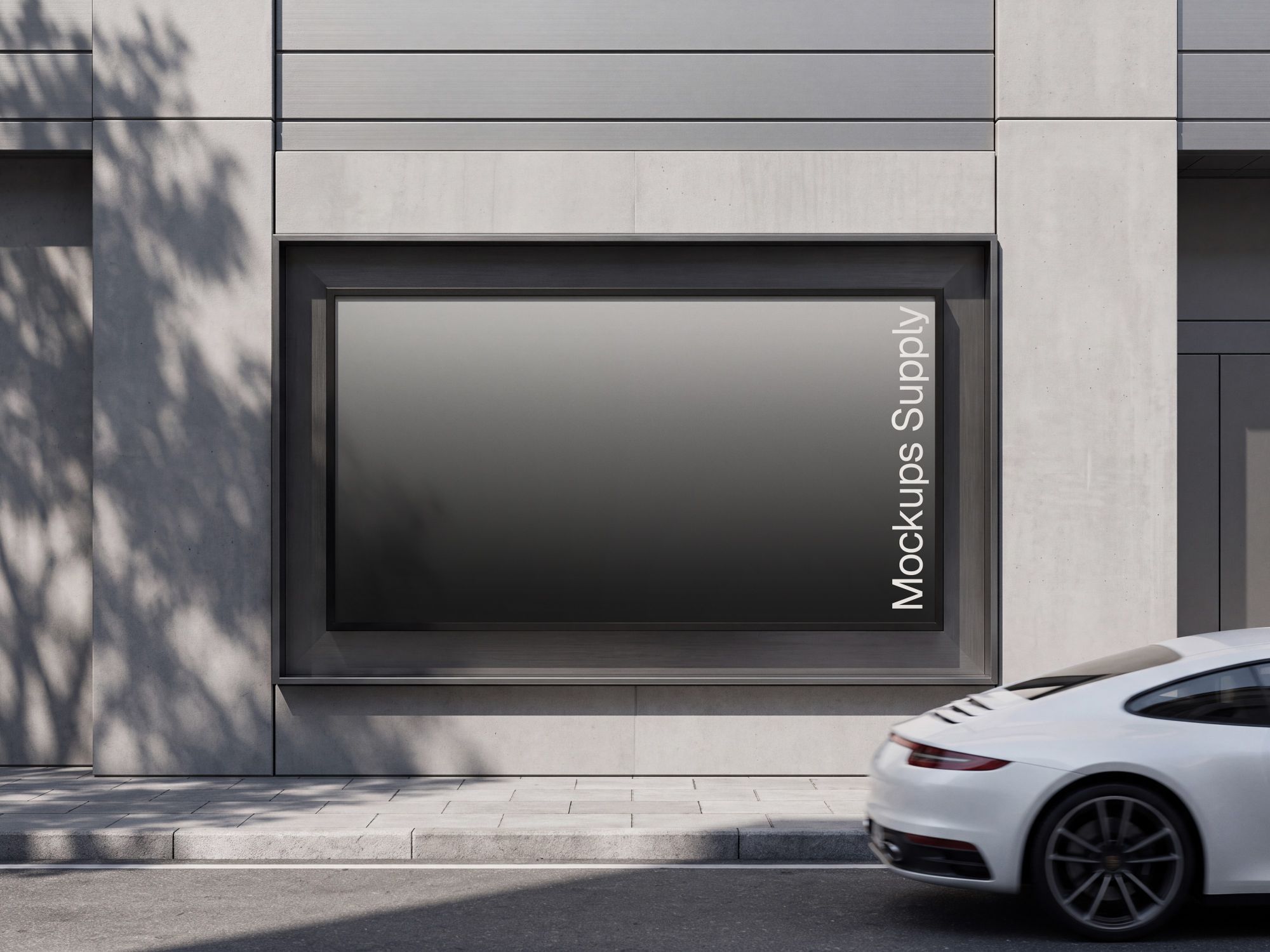 Billboard mockup PSD at street level on a building facade with sport car