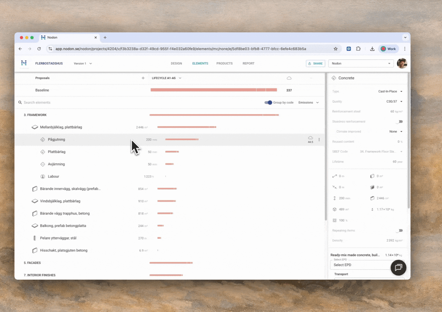 Jämförelse mellan baseline och alternativ där man ser skillnad i CO2e när man byter material eller stomval.