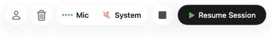 AirNote’s toolbar with Resume Session available while recording is paused.
