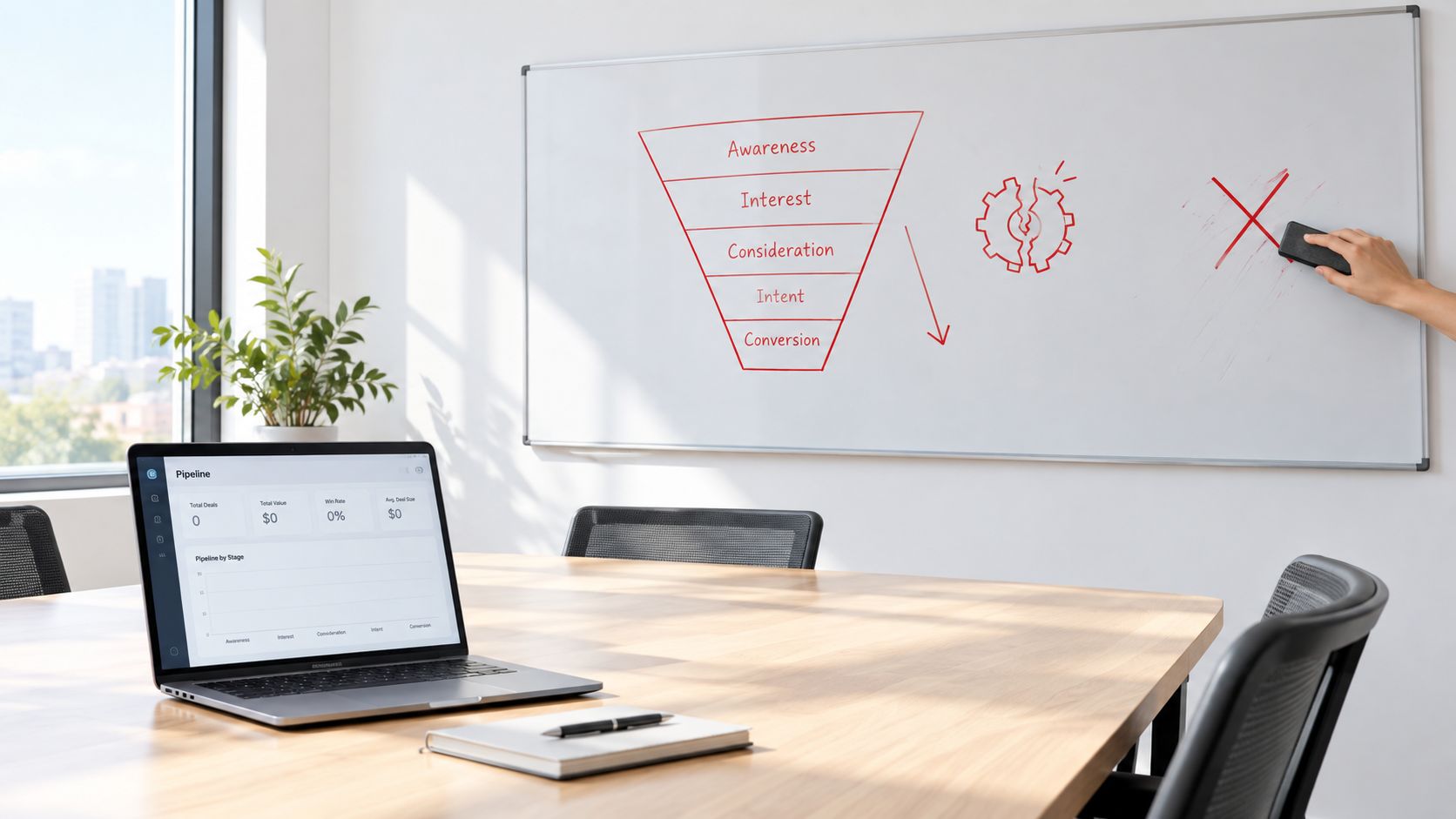 A hand using an eraser on a whiteboard displaying a marketing sales funnel diagram in an office.