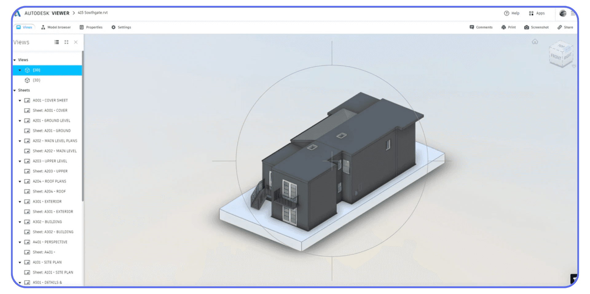 Autodesk Viewer displaying a 3D model of a small two-story building on a site base, with sheet and view list open on the left panel.