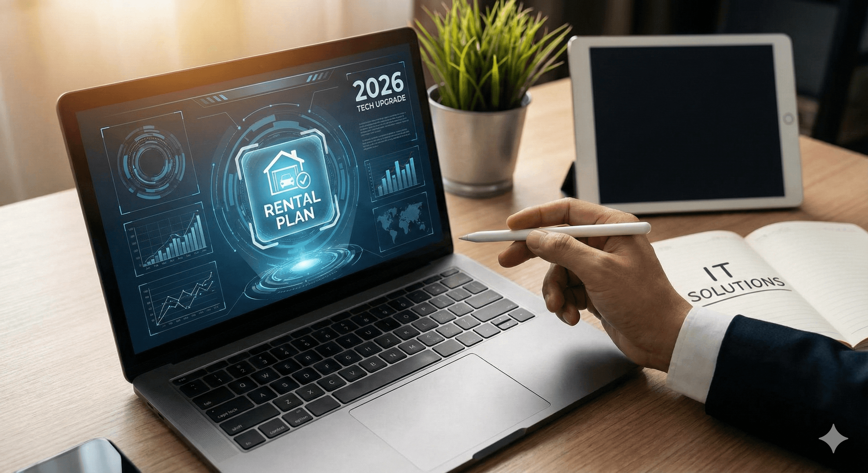 Pessoa a apontar para um ecrã de computador portátil que exibe um ícone de plano de aluguer e uma atualização tecnológica para 2026, num ambiente de escritório moderno com outros dispositivos e um caderno de soluções de TI.