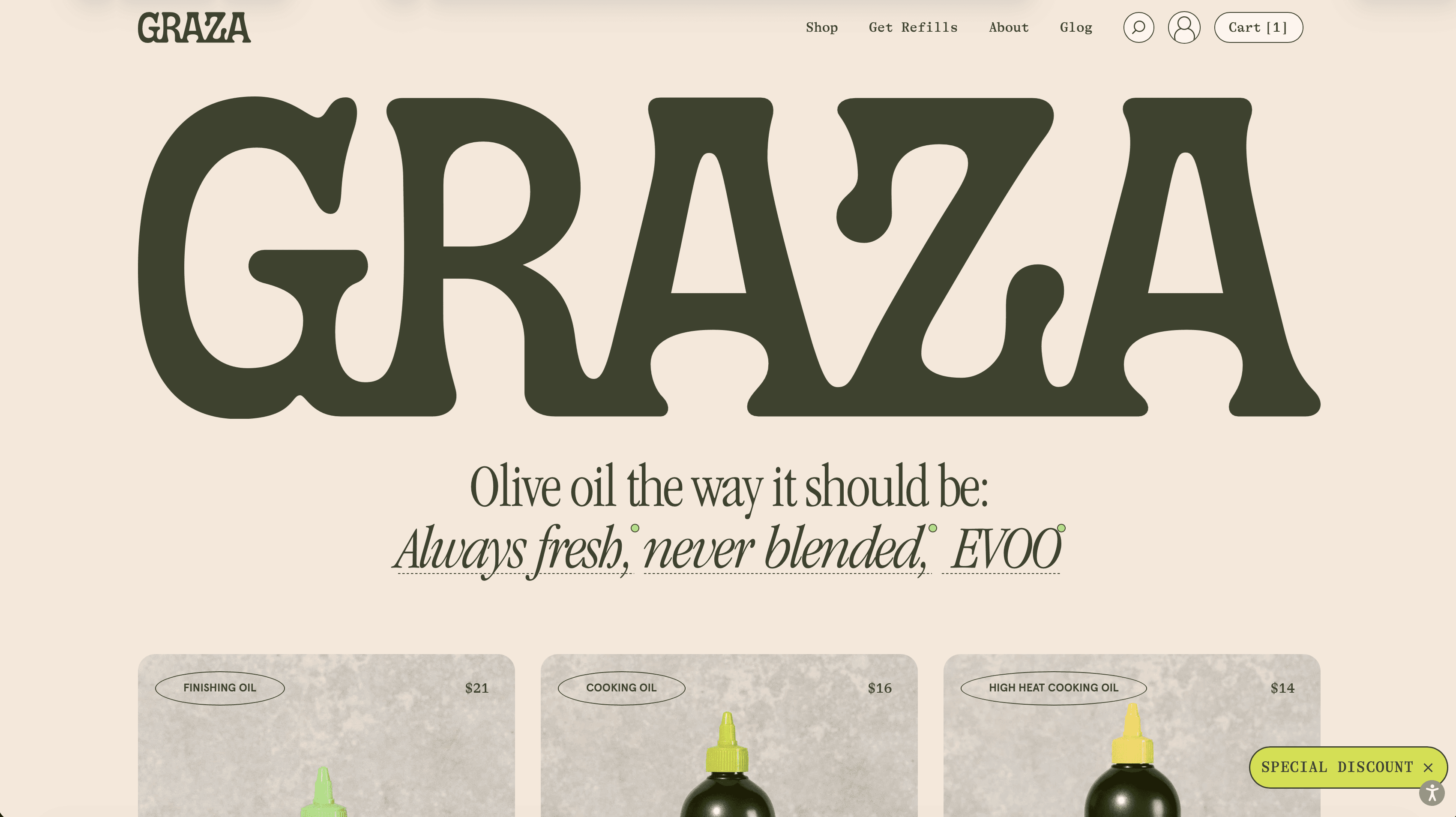 Graza homepage hero section showing brand name and statement about always fresh, never blended extra virgin olive oil.