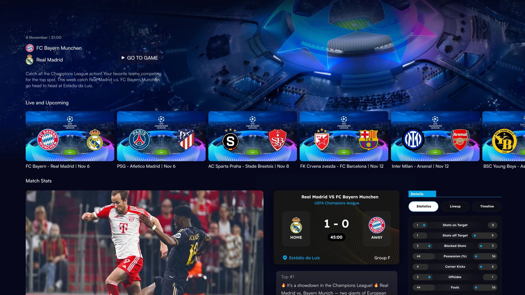 sports metadata interface displaying real-time football match statistics and player profiles for broadcasters and tv operators