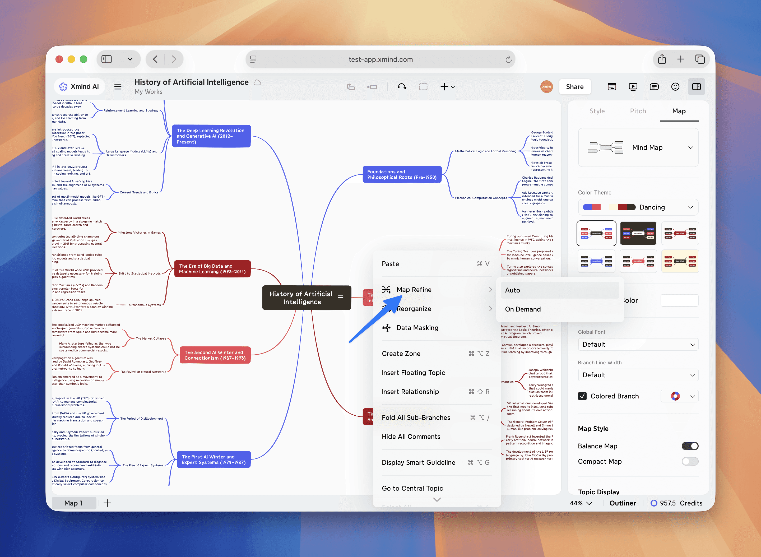Mind map focusing on the history of artificial intelligence.