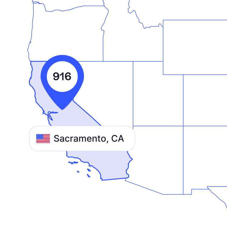 US map of 916 area code phone numbers and its coverage region
