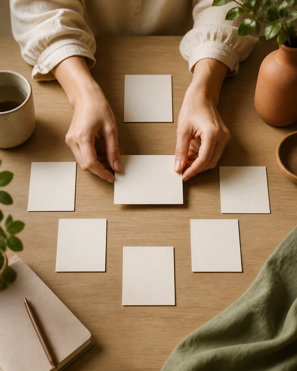 Hands choosing one blank card from several options on a tidy desk