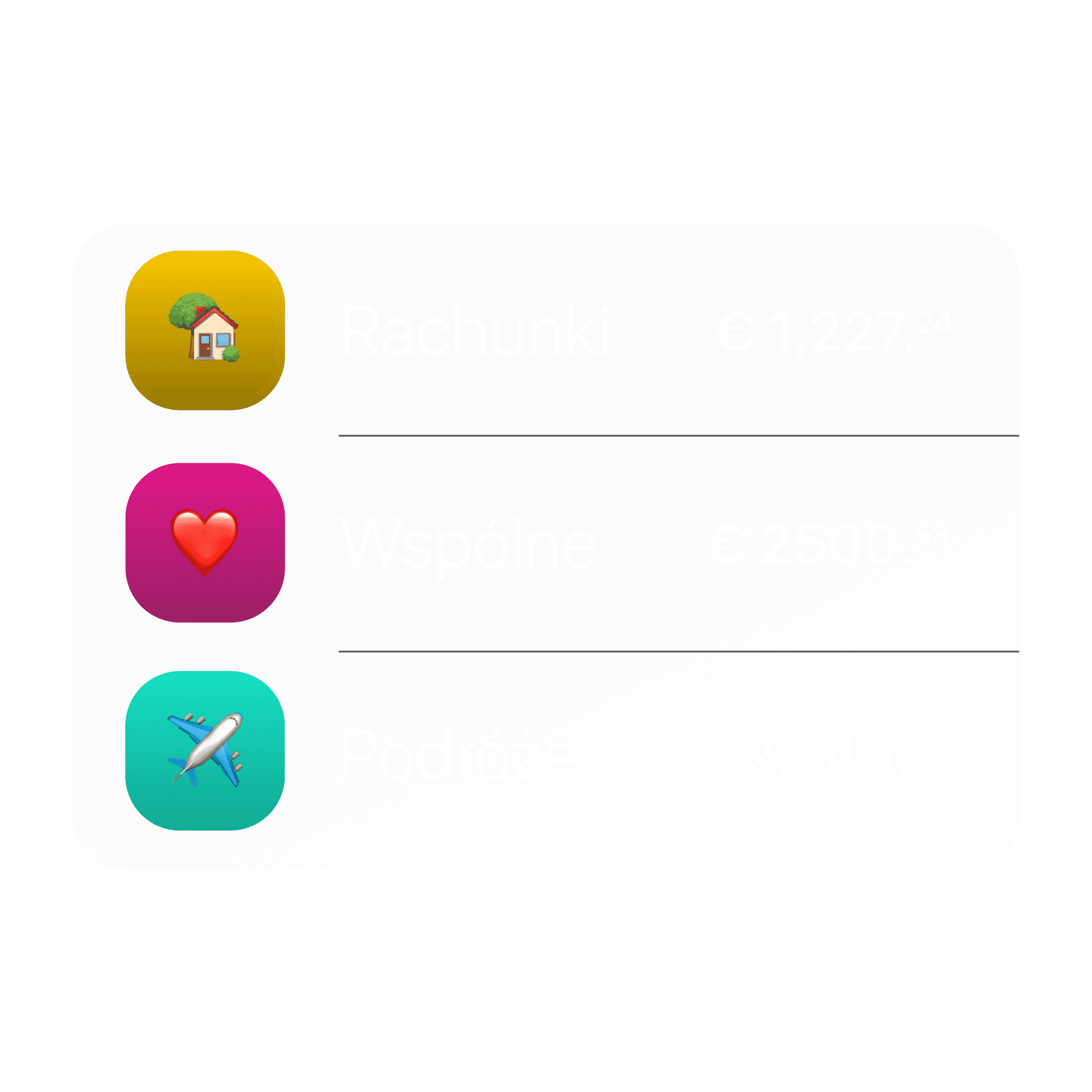 Lista kont oszczędnościowych, wspólnych i podróżniczych z saldami w euro na kolorowych kartach.