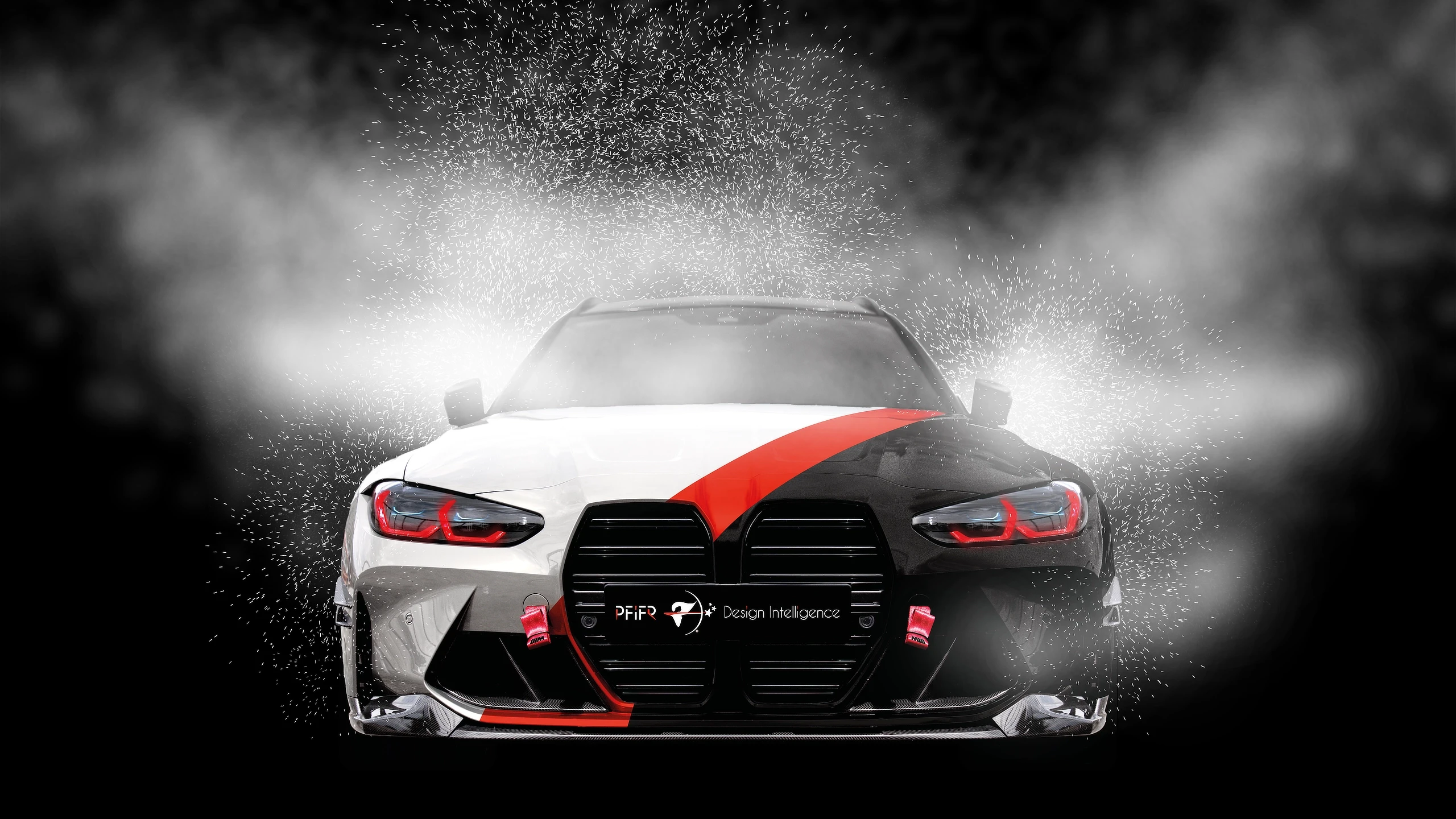 High-performance BMW M3 with red accent lighting emerging from mist, representing clarity, power and precision in digital experience design by PFiFR Design Intelligence.