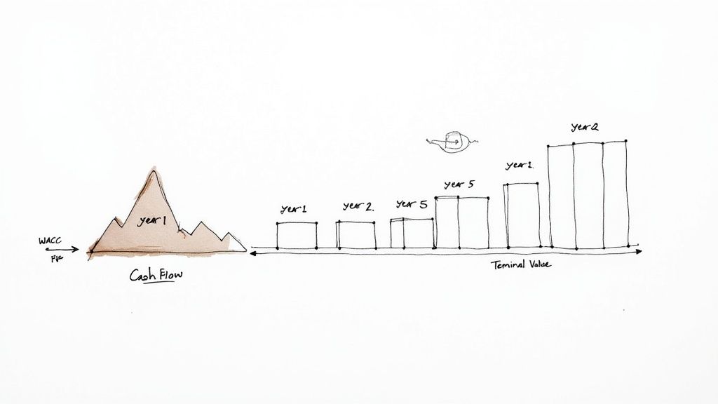 A hand-drawn diagram illustrating financial valuation with cash flow mountains, year bars, and terminal value.