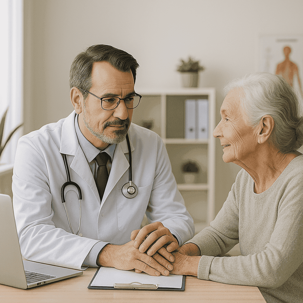 A Man, internal medicine physician, offering compassionate care and support during a patient consultation with a senior woman.