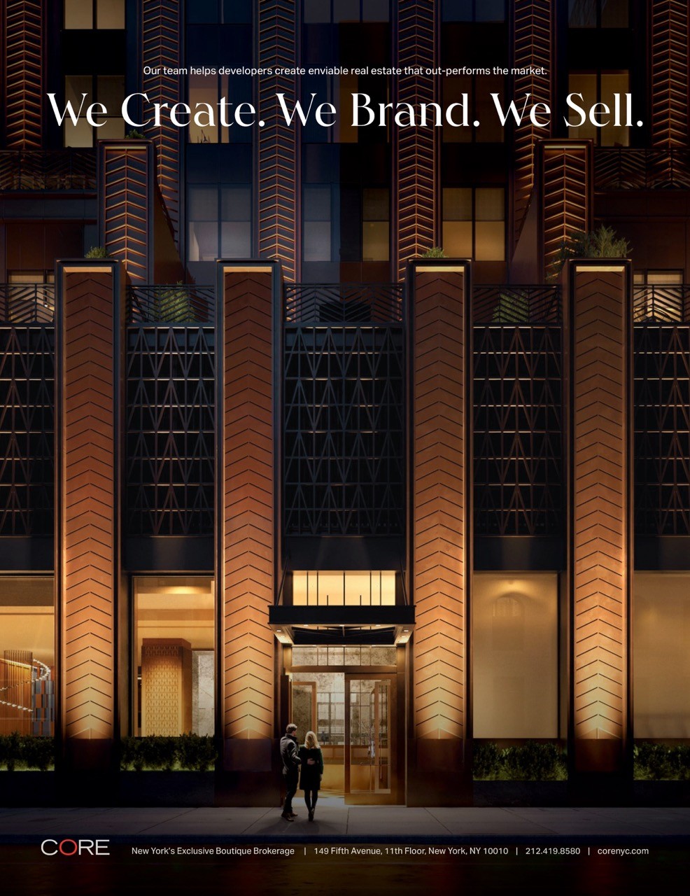 CORE new development marketing ad showing the illuminated facade and entrance of a luxury New York City residential building at night.