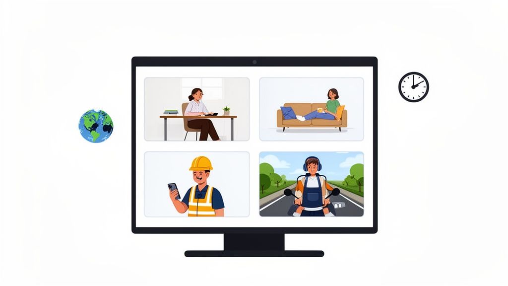 A computer monitor displays a video call with four diverse people, flanked by a globe and a clock.