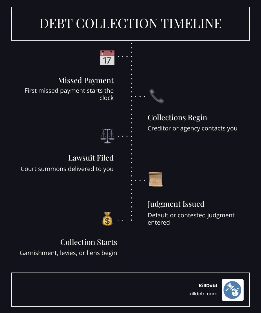 Debt collection timeline from missed payment to court judgment infographic infographic