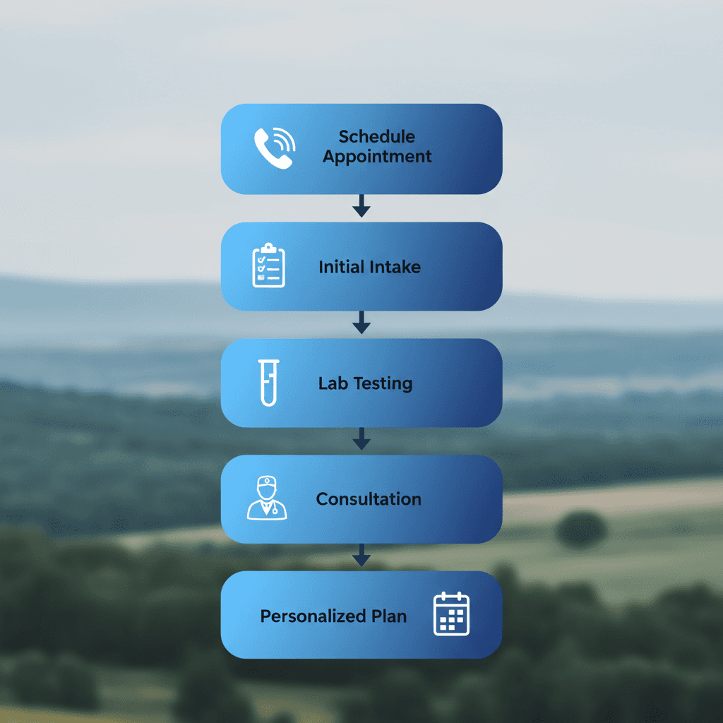 Vertical process flow diagram illustrating the five steps to begin TRT therapy near Meridian, Idaho