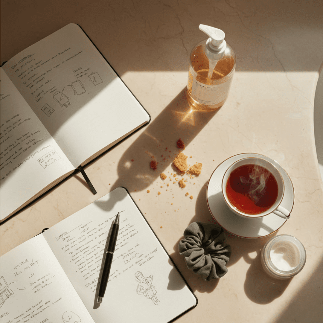Soft overhead scene of a messy bathroom vanity with scattered notebooks, a half‑used skincare bottle, and a cup of tea on a warm cream background, soft morning light, subtle shadows, cozy but slightly cluttered, luxury editorial photography style, no readable labels.