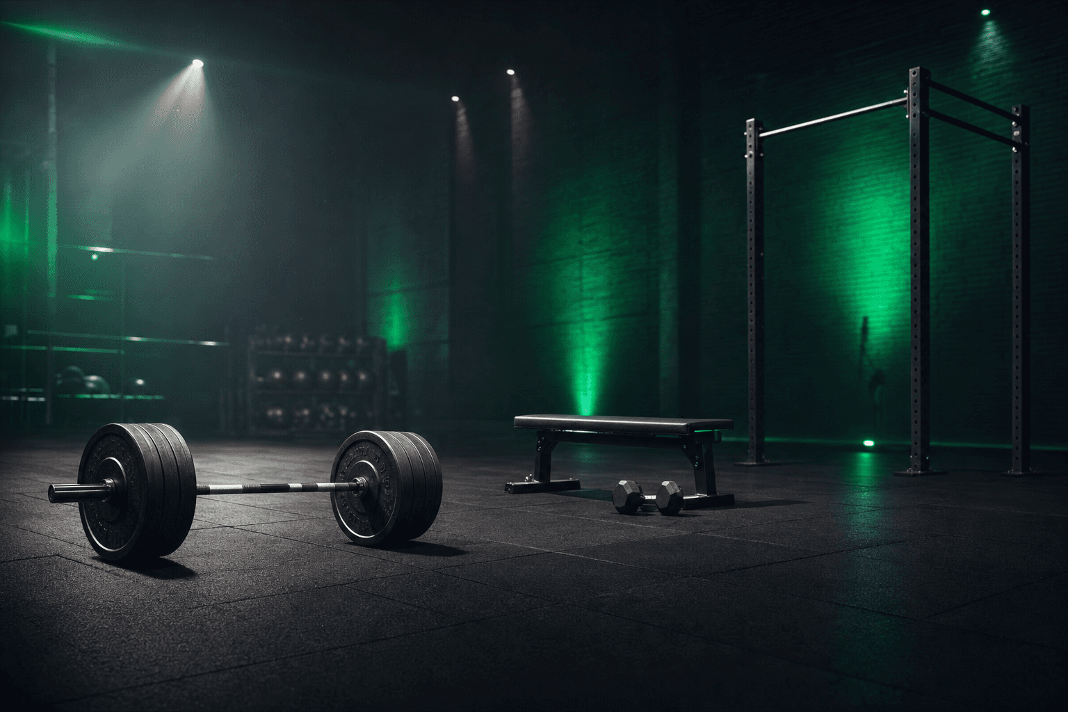 Three minimalist training stations in a dark gym: a loaded barbell, a bench with dumbbells, and a pull-up bar