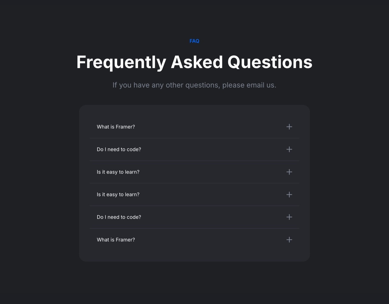 Framer Dark FAQ Section - Frameblox UI