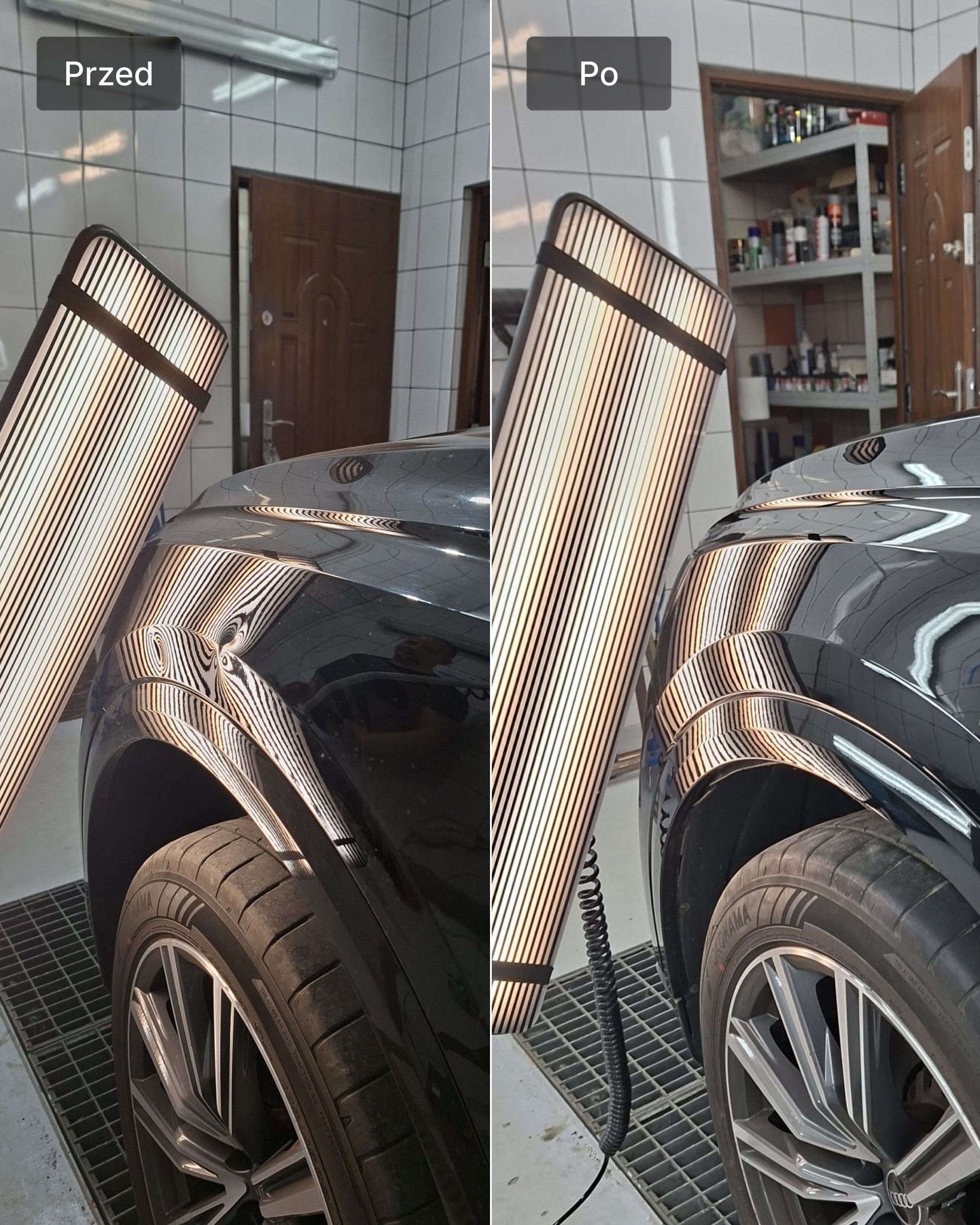 Wgniecenie na tylnym błotniku BMW przed i po naprawie metodą PDR