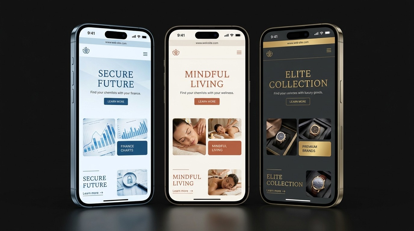 Drei Smartphones nebeneinander zeigen dasselbe Webseiten Layout in drei verschiedenen Farbwelten für Finanz, Wellness und Premium Marken