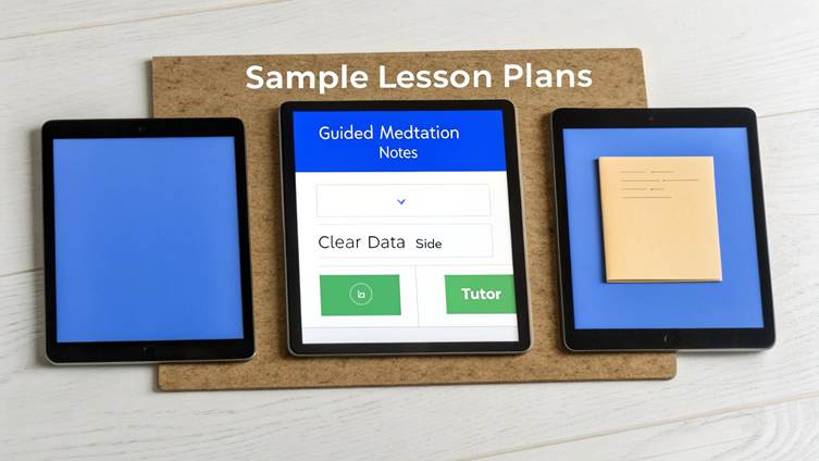 Three tablets displayed on a board with the text "Sample Lesson Plans," showing digital and physical notes.