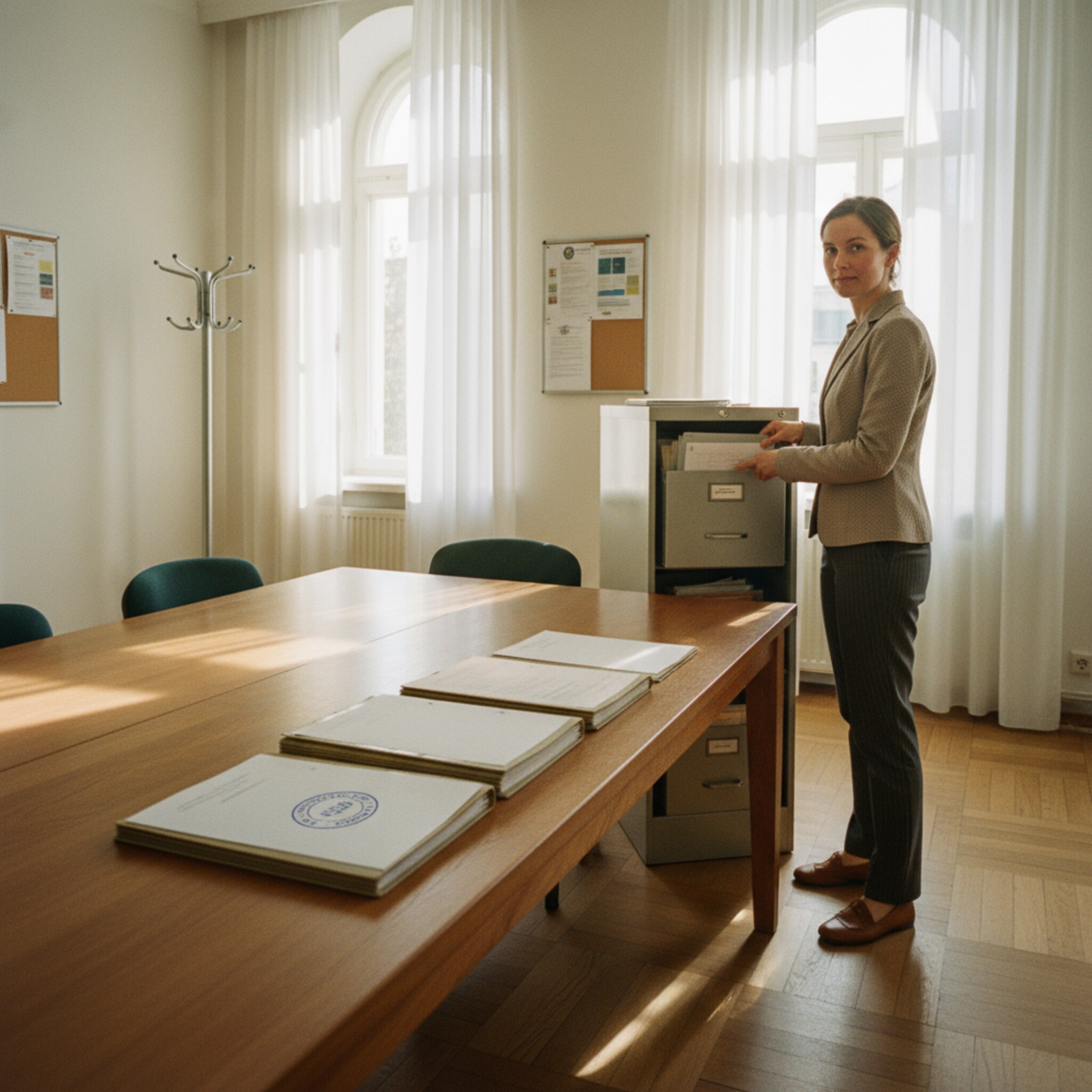 Ein Besprechungszimmer im Rathaus, auf dem Tisch liegen nummerierte Dokumentenmappen und ein Stempelabdruck ist frisch sichtbar. Eine Sachbearbeiterin sortiert unterschriebene Vereinbarungen in einen Aktenschrank. Weiches Nachmittagslicht zeichnet klare Schatten. Die Szene wirkt geordnet und nachvollziehbar, als würde jeder Schritt dokumentiert.