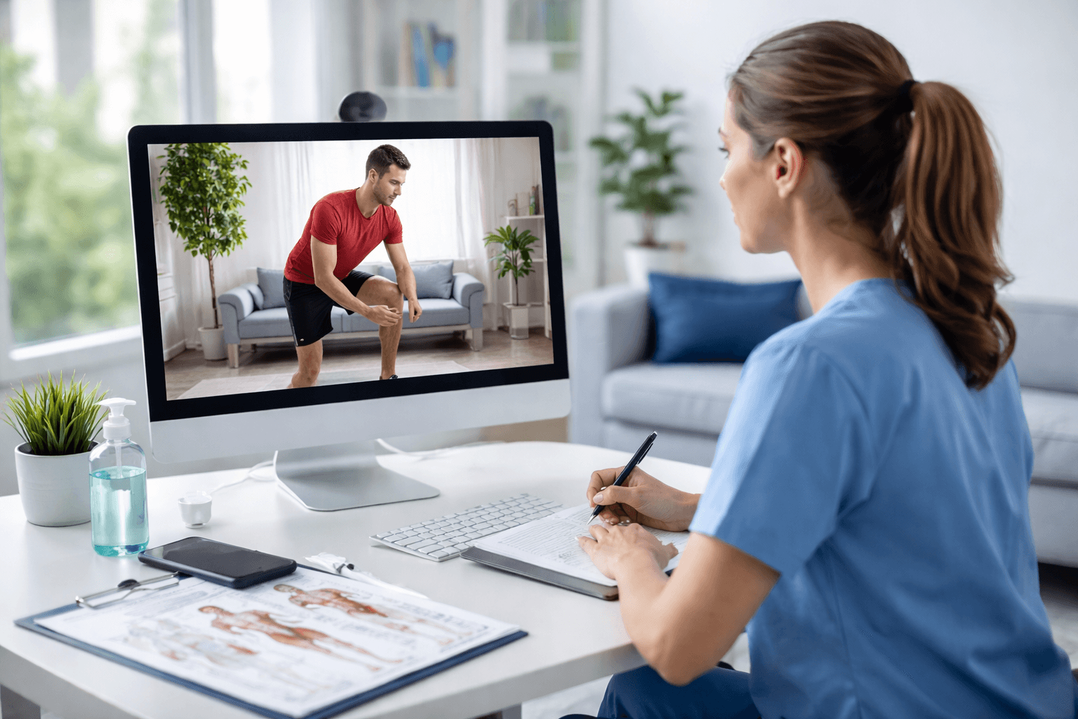 Patient attending physiotherapy telehealth appointment on screen