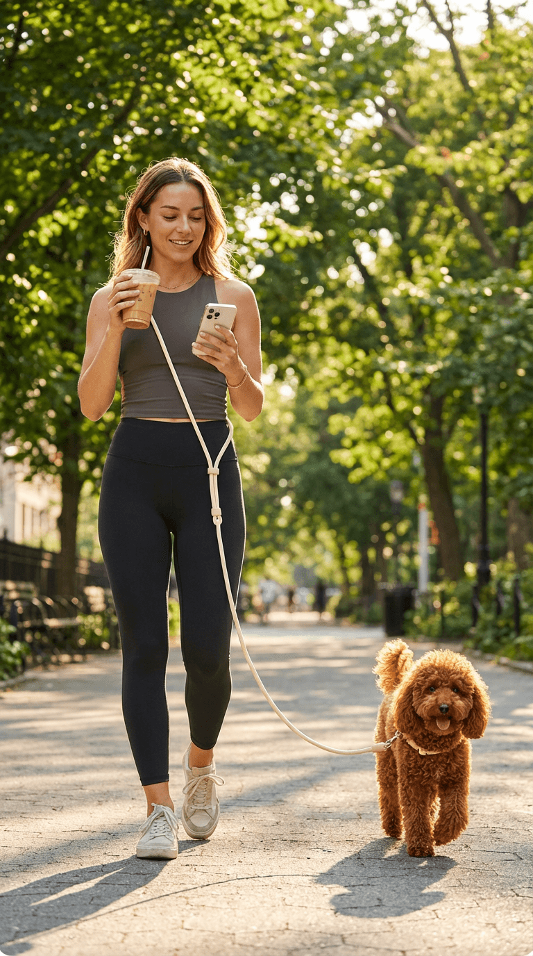 Woman walking a poodle in a park while holding an iced coffee and checking her phone