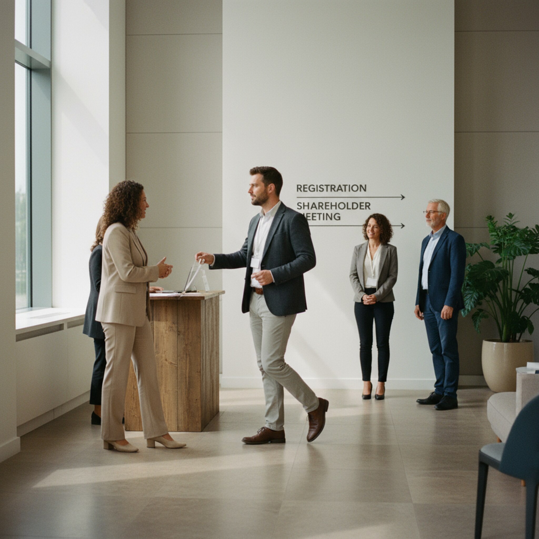 Ein Teilnehmer erhält am Eingang ein schlichtes Lanyard mit Namensschild und geht zügig weiter. Daneben begrüßt eine Hostess die nächste Person. Der Fluss bleibt dynamisch, ohne Stau. Die Szene zeigt einen effizienten Start ohne sichtbare Technik.