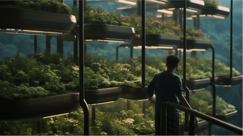 A man observing a vertical hydroponic farm filled with lush plants, illuminated by artificial lights, designed by WGXYZ.