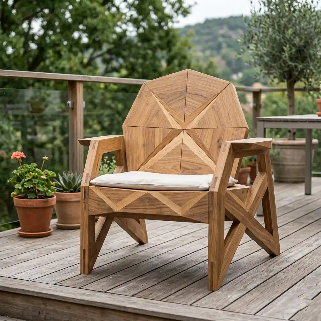 Geometrisk trestol på terrasse med utsikt.