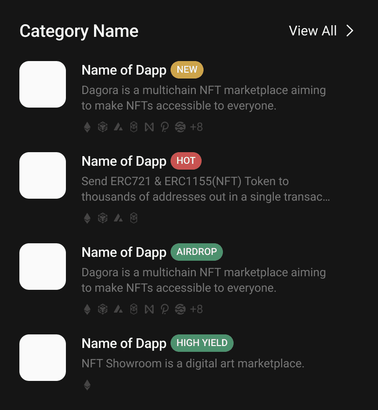 Redesigned Dapp items with status badges — New, Hot, Airdrop, High Yield