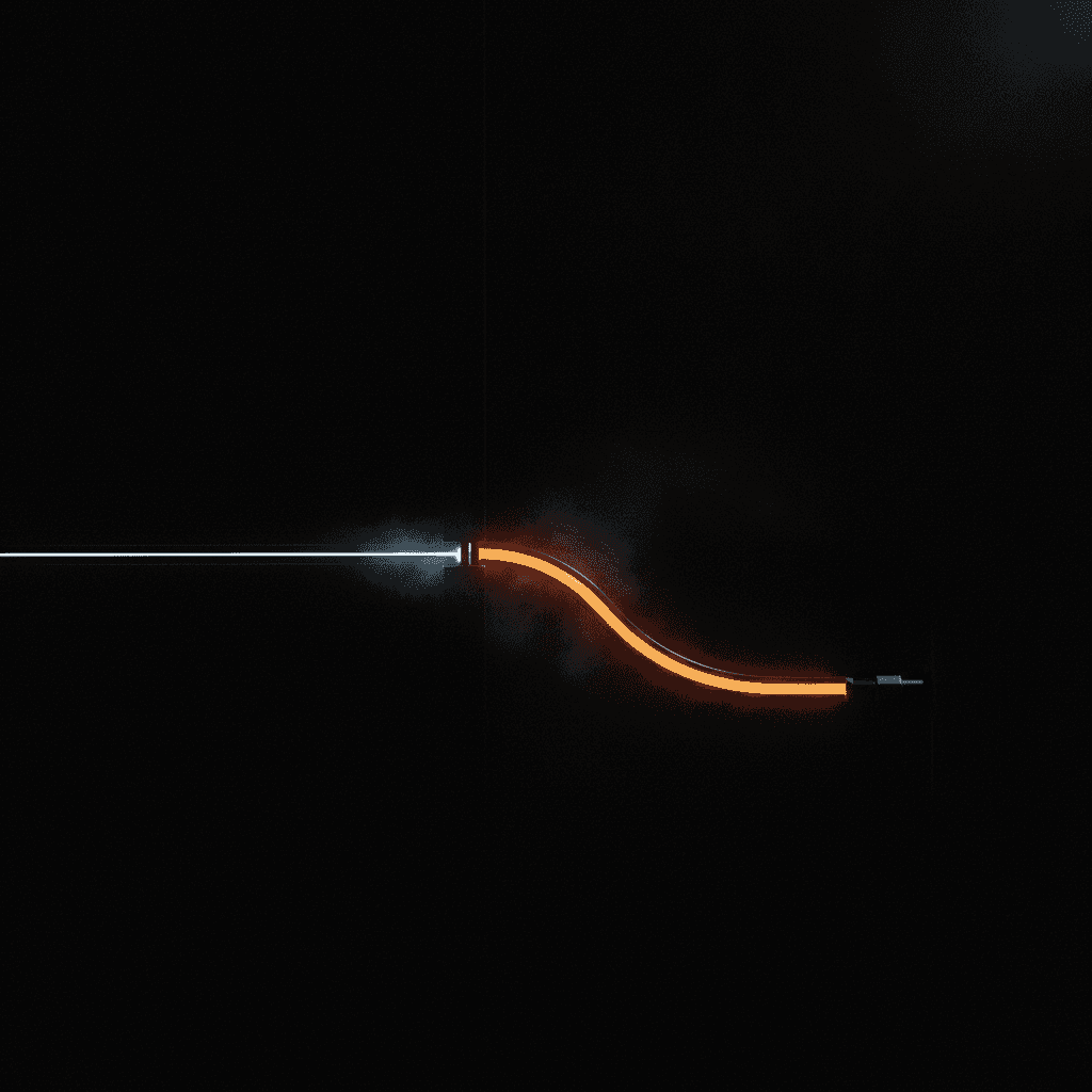 Single thin line of light splitting into two diverging paths against deep black