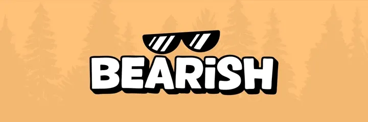 Logo with the word "BEARISH" in bold, black letters on an orange background, featuring sunglasses above the text.