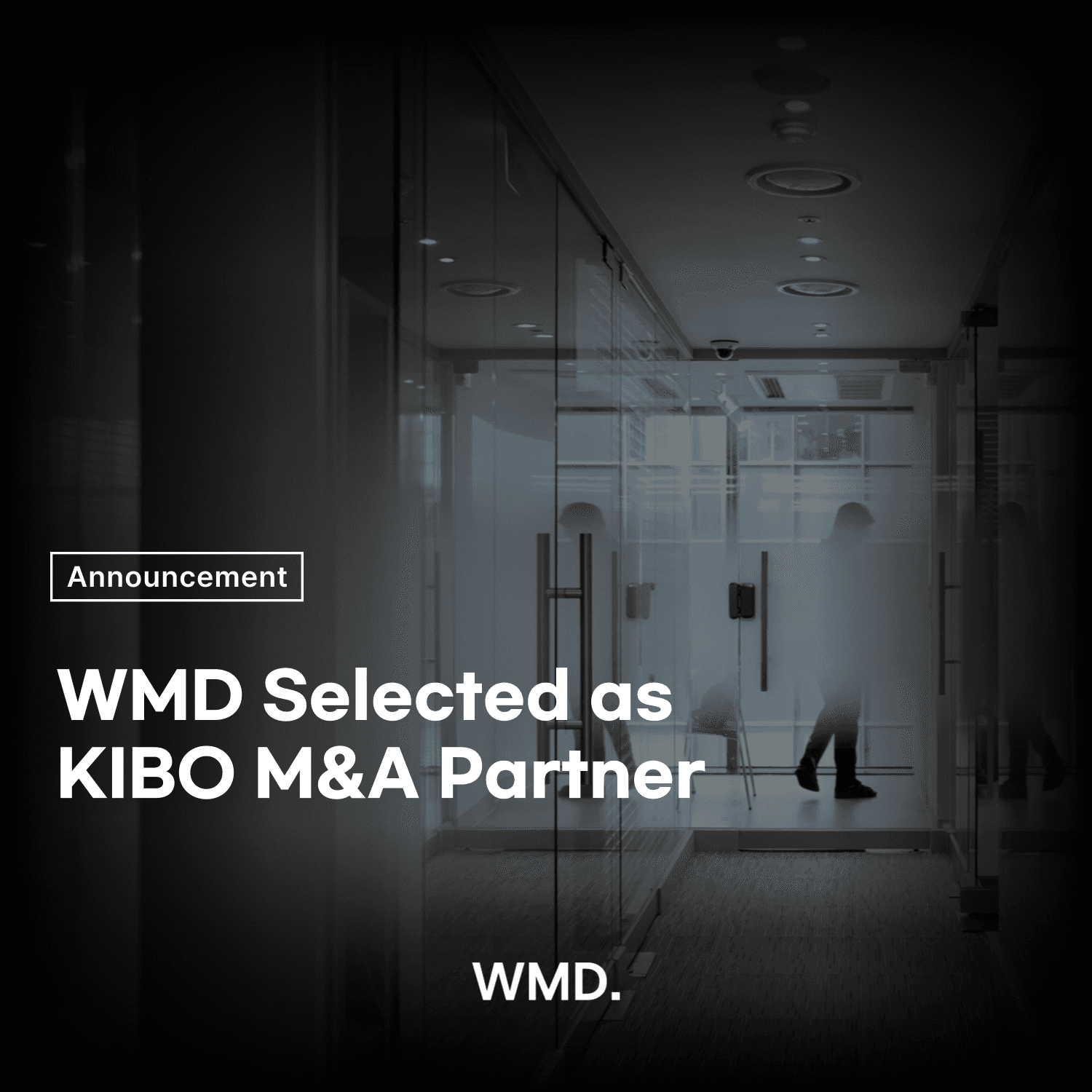 Announcement image showing WMD (더블유엠디) selected as a KIBO M&A partner, office corridor background with WMD logo